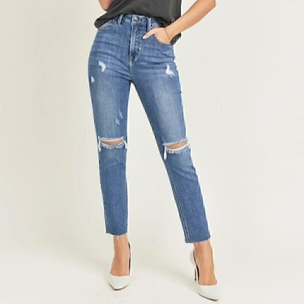 High Rise Medium Wash Relaxed Fit Distressed Skinny Jean - Picture 1 of 9